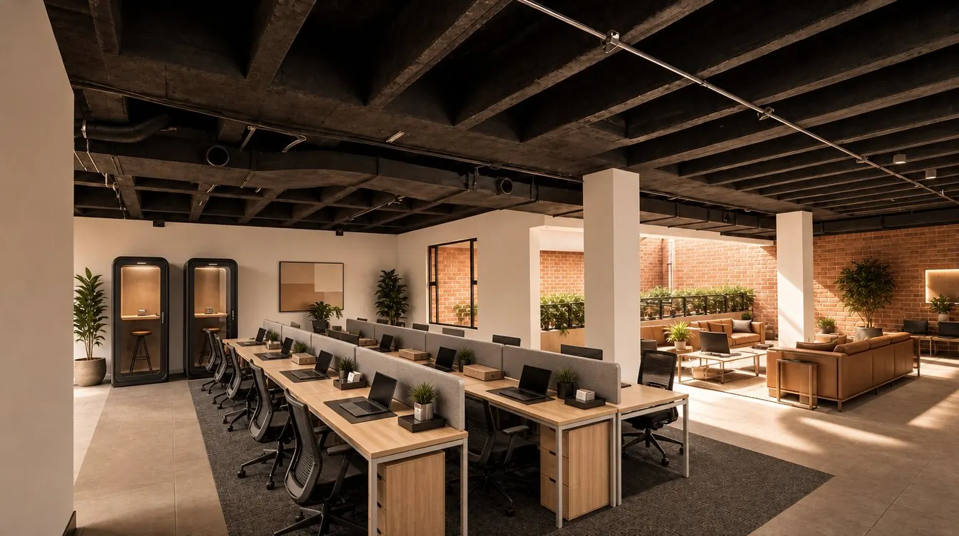 Puestos operativos y terraza interior — simulación del proyecto terminado