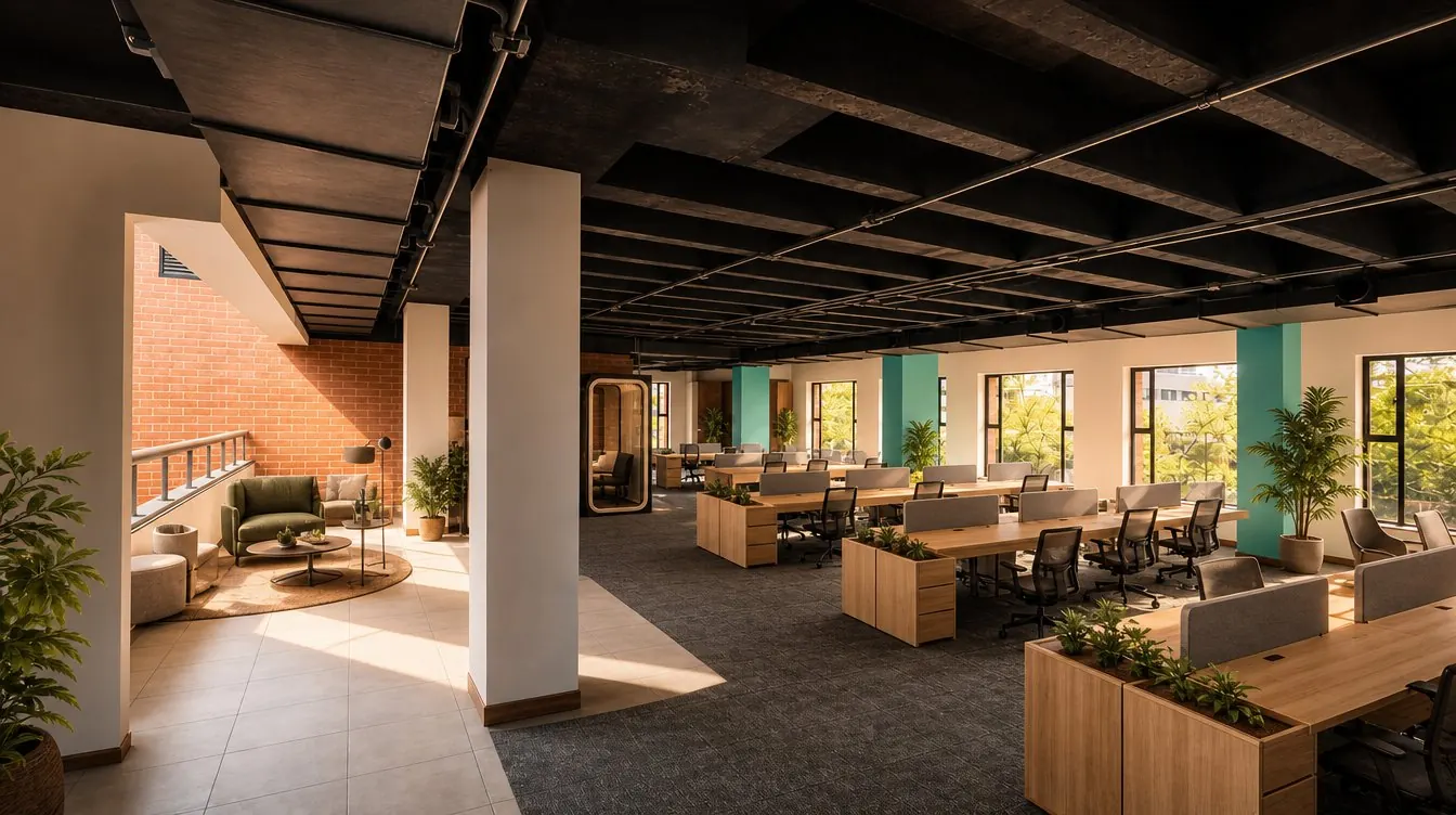 Planta abierta con zona lounge — simulación del proyecto terminado