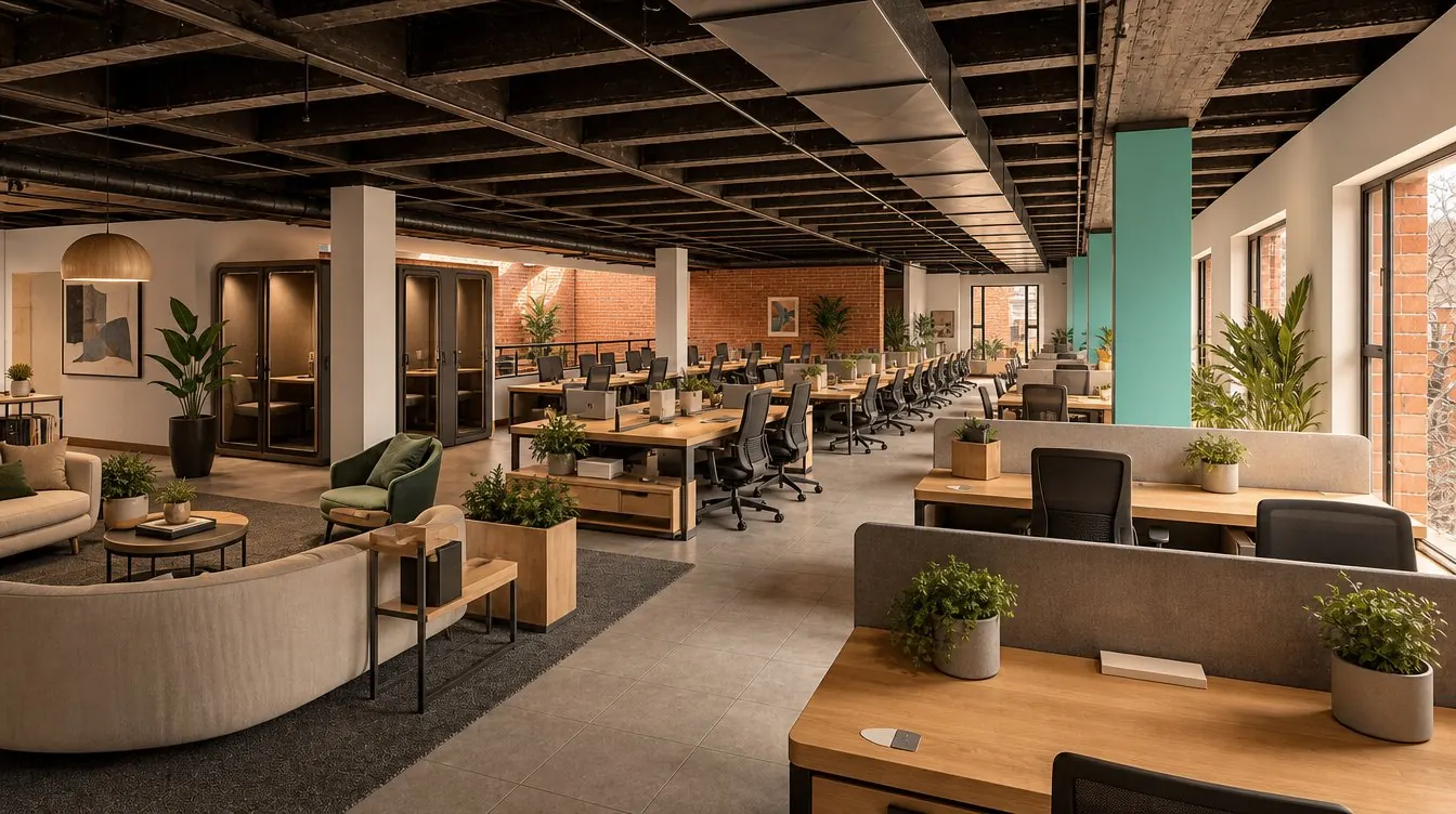 Planta principal de coworking — simulación del proyecto terminado