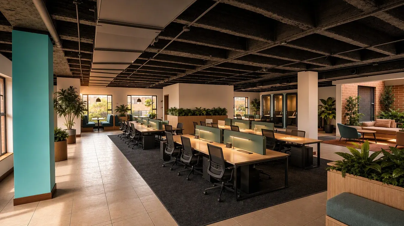 Zona de trabajo y cafetería — simulación del proyecto terminado