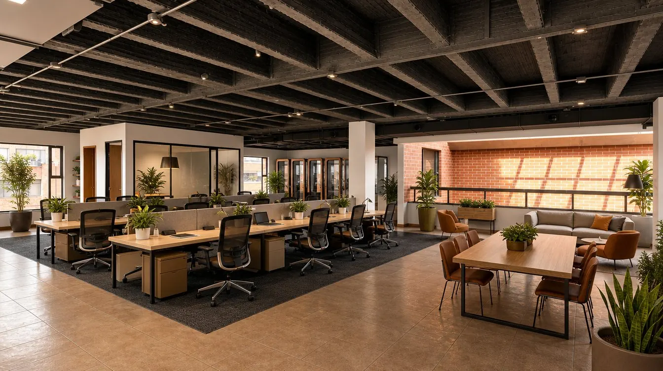Oficinas privadas y mesa común — simulación del proyecto terminado